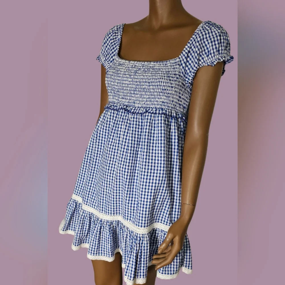 urban outfitters baby doll blue and white checkered mini dress Size S - Picture 2 of 10